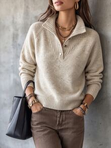 SHEIN Áo len dệt kim nữ thu đông cổ nửa cao mềm mại 5 cúc, tay raglan dáng rộng thoải mái, áo chui đầu ngắn, lớp mặc trong đa năng đi làm hàng ngày - Màu be - Xem 3