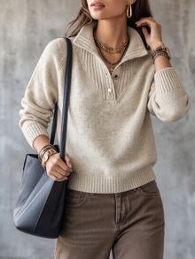 SHEIN Áo len dệt kim nữ thu đông cổ nửa cao mềm mại 5 cúc, tay raglan dáng rộng thoải mái, áo chui đầu ngắn, lớp mặc trong đa năng đi làm hàng ngày - Màu be - Xem 5