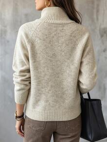 SHEIN Áo len dệt kim nữ thu đông cổ nửa cao mềm mại 5 cúc, tay raglan dáng rộng thoải mái, áo chui đầu ngắn, lớp mặc trong đa năng đi làm hàng ngày - Màu be - Xem 2