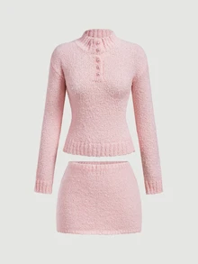 SHEIN MOD Women's Autumn/Winter Casual Solid Color Sweater & Knitted Skirt 2 Pieces Set - Pink - View 4