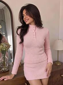 SHEIN MOD Women's Autumn/Winter Casual Solid Color Sweater & Knitted Skirt 2 Pieces Set - Pink - View 2