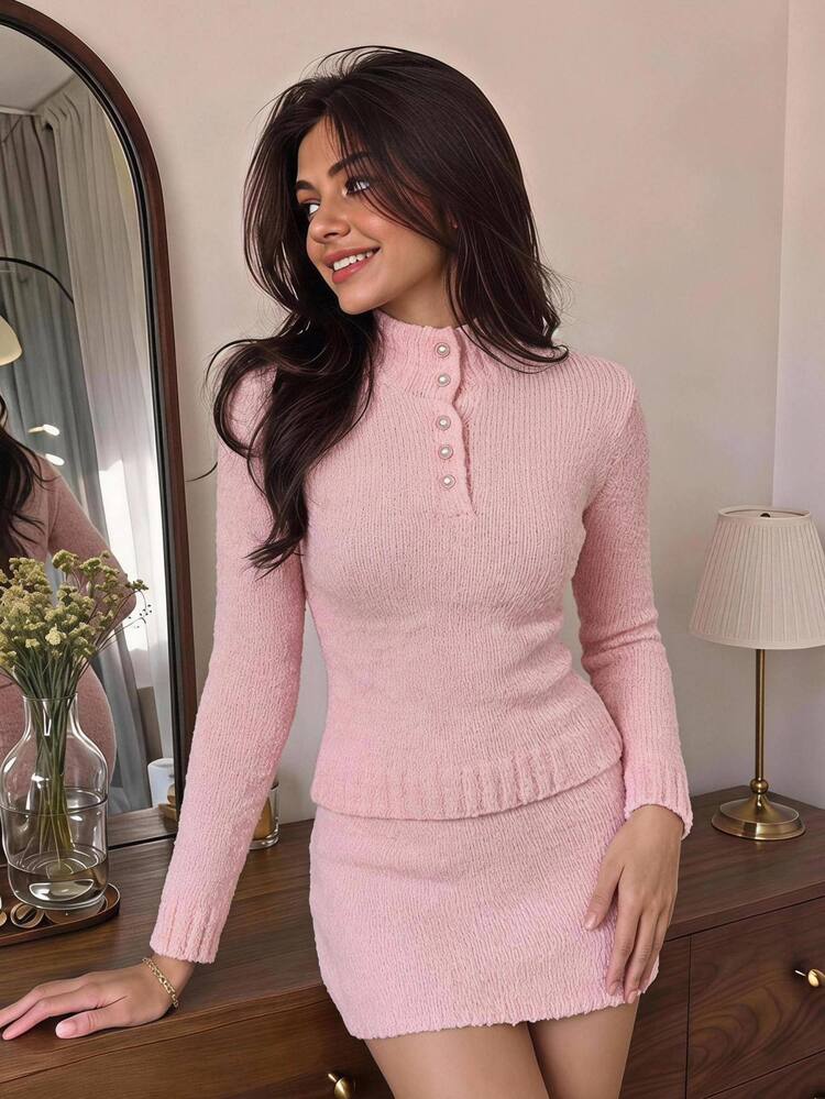 SHEIN MOD Women's Autumn/Winter Casual Solid Color Sweater & Knitted Skirt 2 Pieces Set - Pink - View 2