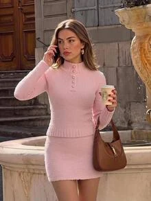 SHEIN MOD Women's Autumn/Winter Casual Solid Color Sweater & Knitted Skirt 2 Pieces Set - Pink - View 3