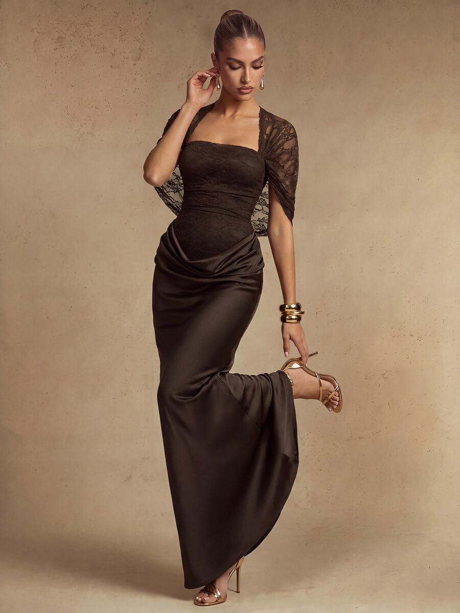 Silquee This Elegant Brown Satin Draped Dress, Featuring Lace Details, Is An Ideal Choice For The Autumn And Winter Seasons-Perfect For Occasions Such - Brown - View 1