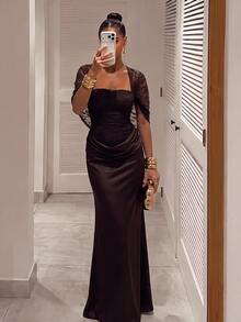 Silquee This Elegant Brown Satin Draped Dress, Featuring Lace Details, Is An Ideal Choice For The Autumn And Winter Seasons-Perfect For Occasions Such - Brown - View 4
