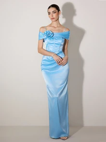 Poshira 女士不对称领口荷叶边优雅鸡尾酒会礼服，带有 3D 花卉装饰 - 淺藍色 - 查看 3