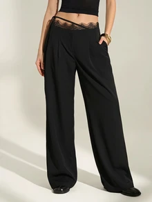 SHEIN Tall Tall Women's Black Lace-Panel Curved-Leg Trousers - Black - View 5