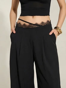 SHEIN Tall Tall Women's Black Lace-Panel Curved-Leg Trousers - Black - View 3