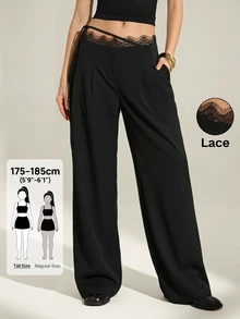 SHEIN Tall Tall Women's Black Lace-Panel Curved-Leg Trousers - Black - View 4