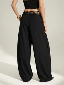 SHEIN Tall Tall Women's Black Lace-Panel Curved-Leg Trousers - Black - View 2