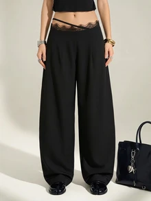 SHEIN Tall Tall Women's Black Lace-Panel Curved-Leg Trousers - Black - View 6