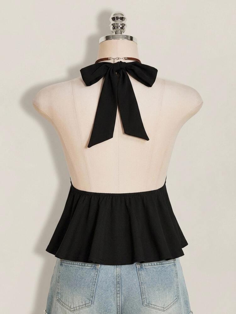 SHEIN ICON Summer Women's Going Out Sexy Holiday Polka Dot Print Ruffle Hem Halter Neck Camisole - Black - View 2