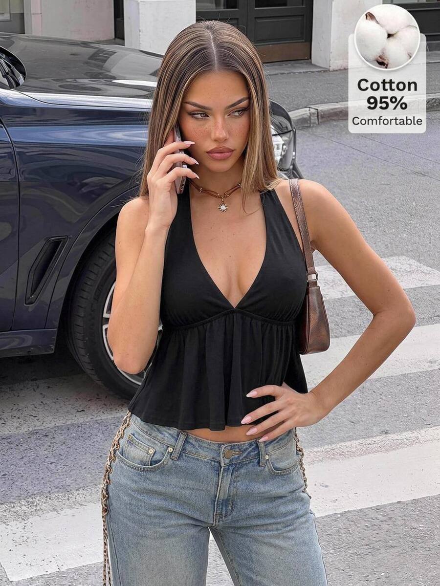 SHEIN ICON Summer Women's Going Out Sexy Holiday Polka Dot Print Ruffle Hem Halter Neck Camisole - Black - View 1