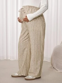 Lyckli Maternity Striped Casual Adjustable Waist Pants - Khaki - View 5
