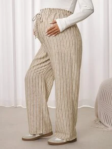 Lyckli Maternity Striped Casual Adjustable Waist Pants - Khaki - View 6
