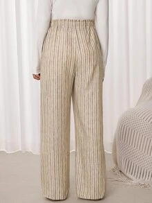 Lyckli Maternity Striped Casual Adjustable Waist Pants - Khaki - View 4