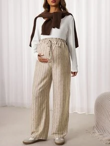Lyckli Maternity Striped Casual Adjustable Waist Pants - Khaki - View 7