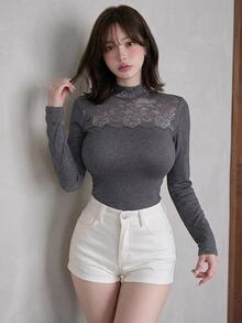FRIFUL Women's Contrast Lace Stand Collar Long Sleeve Elegant T-Shirt - Grey - View 4