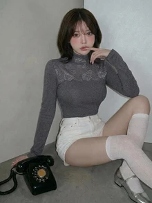FRIFUL Women's Contrast Lace Stand Collar Long Sleeve Elegant T-Shirt - Grey - View 3