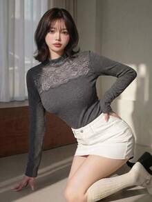 FRIFUL Women's Contrast Lace Stand Collar Long Sleeve Elegant T-Shirt - Grey - View 1