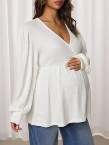 SHEIN Maternity Solid Color Overlap V-Neck Long Sleeve Casual Nursing Top - White - View 7