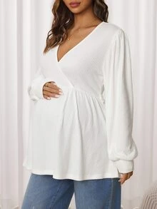 SHEIN Maternity Solid Color Overlap V-Neck Long Sleeve Casual Nursing Top - White - View 6