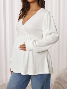 SHEIN Maternity Solid Color Overlap V-Neck Long Sleeve Casual Nursing Top - White - View 5