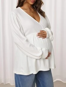 SHEIN Maternity Solid Color Overlap V-Neck Long Sleeve Casual Nursing Top - White - View 8