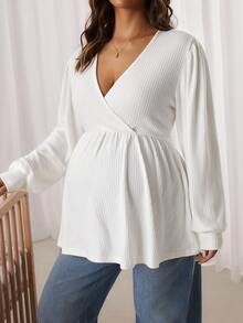 SHEIN Maternity Solid Color Overlap V-Neck Long Sleeve Casual Nursing Top - White - View 10