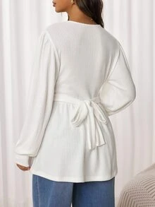 SHEIN Maternity Solid Color Overlap V-Neck Long Sleeve Casual Nursing Top - White - View 4