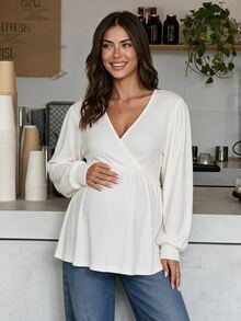 SHEIN Maternity Solid Color Overlap V-Neck Long Sleeve Casual Nursing Top - White - View 2