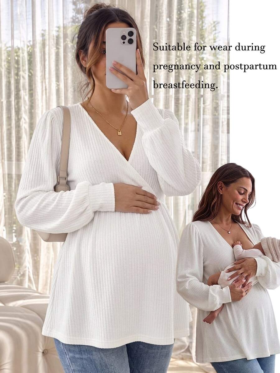 SHEIN Maternity Solid Color Overlap V-Neck Long Sleeve Casual Nursing Top - White - View 1
