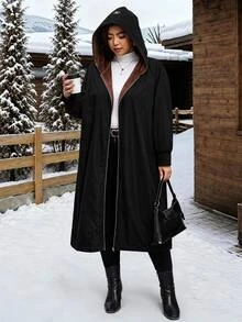 SHEIN Clasi Plus Size Autumn/Winter Thermal Lined Long Hooded Coat - Black - View 5