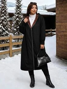 SHEIN Clasi Plus Size Autumn/Winter Thermal Lined Long Hooded Coat - Black - View 4