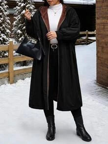 SHEIN Clasi Plus Size Autumn/Winter Thermal Lined Long Hooded Coat - Black - View 7