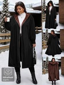 SHEIN Clasi Plus Size Autumn/Winter Thermal Lined Long Hooded Coat - Black - View 1