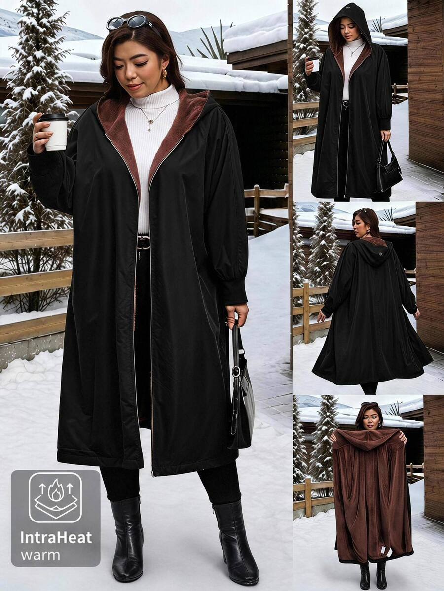 SHEIN Clasi Plus Size Autumn/Winter Thermal Lined Long Hooded Coat - Black - View 1