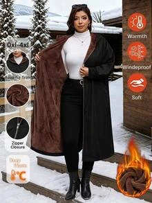 SHEIN Clasi Plus Size Autumn/Winter Thermal Lined Long Hooded Coat - Black - View 9