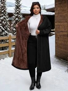 SHEIN Clasi Plus Size Autumn/Winter Thermal Lined Long Hooded Coat - Black - View 8