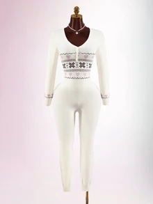 Amplova Women's Long Sleeve Long Leg Tight Knit Jumpsuit Fair Isle Pattern Suitable For Snow Wear Autumn/Winter - White - View 12