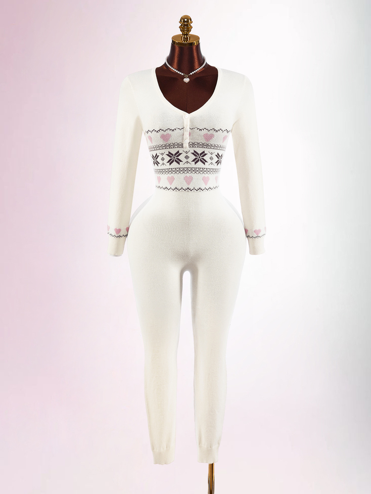 Amplova Women's Long Sleeve Long Leg Tight Knit Jumpsuit Fair Isle Pattern Suitable For Snow Wear Autumn/Winter - White - View 12