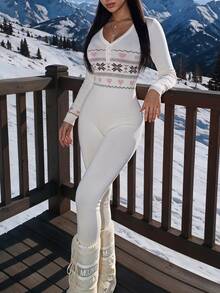 Amplova Women's Long Sleeve Long Leg Tight Knit Jumpsuit Fair Isle Pattern Suitable For Snow Wear Autumn/Winter - White - View 1