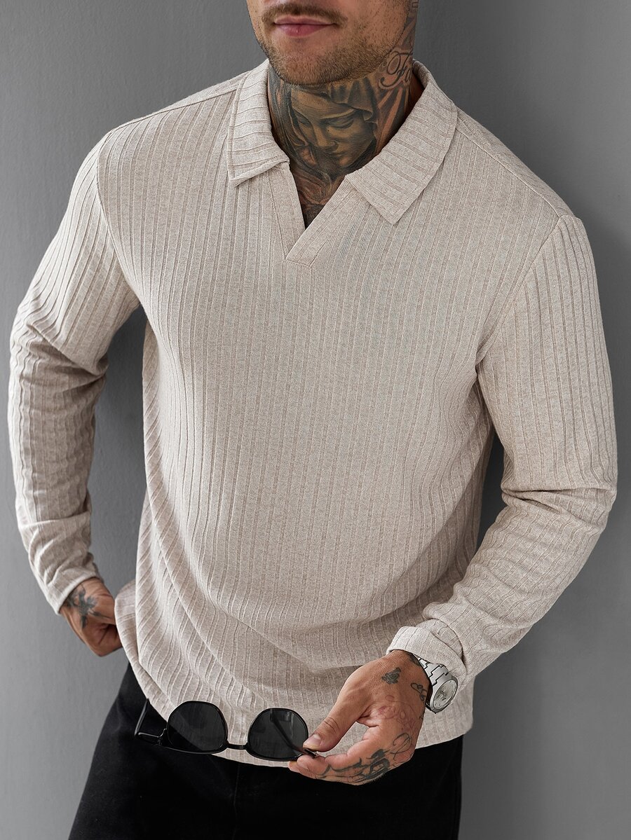 Calvornis Men's Casual Versatile Solid Color Long Sleeve Polo Shirt - Apricot - View 1