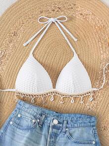 SHEIN Swim Women's Springbreak Solid Color Textured Fabric Shell Strap Decor Halter Neck Tie Front Bikini Top (Accessory Quantity Random) - White - View 3