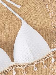 SHEIN Swim Women's Springbreak Solid Color Textured Fabric Shell Strap Decor Halter Neck Tie Front Bikini Top (Accessory Quantity Random) - White - View 5
