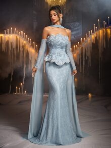 Glamrae Elegant Romantic Luxury 3D Embroidered Lace Cold Shoulder 2 In 1 Wavy Neckline Long Sleeve Bodycon Maxi Dress With Flared Hem And Ruffle Detail, Suitable For Holiday Celebrations, Weddings, Proms, Concerts, Business Guest Banquets, Internet Celebrity Events, Women's Heavy Workmanship Evening Gown - Gray Blue - View 7
