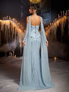 Glamrae Elegant Romantic Luxury 3D Embroidered Lace Cold Shoulder 2 In 1 Wavy Neckline Long Sleeve Bodycon Maxi Dress With Flared Hem And Ruffle Detail, Suitable For Holiday Celebrations, Weddings, Proms, Concerts, Business Guest Banquets, Internet Celebrity Events, Women's Heavy Workmanship Evening Gown - Gray Blue - View 4