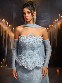 Glamrae Elegant Romantic Luxury 3D Embroidered Lace Cold Shoulder 2 In 1 Wavy Neckline Long Sleeve Bodycon Maxi Dress With Flared Hem And Ruffle Detail, Suitable For Holiday Celebrations, Weddings, Proms, Concerts, Business Guest Banquets, Internet Celebrity Events, Women's Heavy Workmanship Evening Gown - Gray Blue - View 5