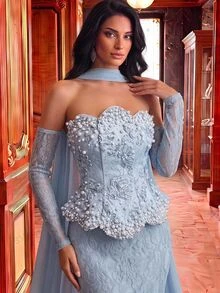 Glamrae Elegant Romantic Luxury 3D Embroidered Lace Cold Shoulder 2 In 1 Wavy Neckline Long Sleeve Bodycon Maxi Dress With Flared Hem And Ruffle Detail, Suitable For Holiday Celebrations, Weddings, Proms, Concerts, Business Guest Banquets, Internet Celebrity Events, Women's Heavy Workmanship Evening Gown - Gray Blue - View 6