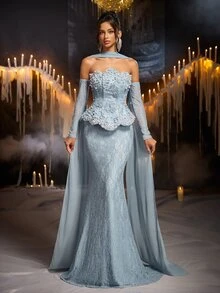 Glamrae Elegant Romantic Luxury 3D Embroidered Lace Cold Shoulder 2 In 1 Wavy Neckline Long Sleeve Bodycon Maxi Dress With Flared Hem And Ruffle Detail, Suitable For Holiday Celebrations, Weddings, Proms, Concerts, Business Guest Banquets, Internet Celebrity Events, Women's Heavy Workmanship Evening Gown - Gray Blue - View 3